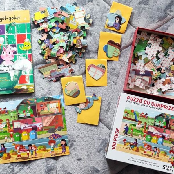Un puzzle care motivează copiii să facă fapte bune: Evi și Purcelus aduc bucurie în lume!